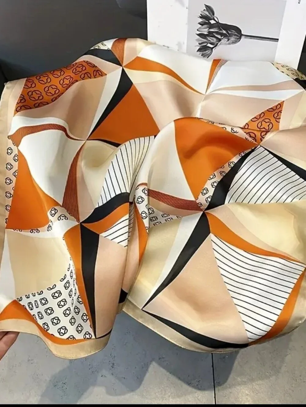 Silk-feel  Scarf in Mustard, Navy & Cream Neck Scarf, Heaf Scarf